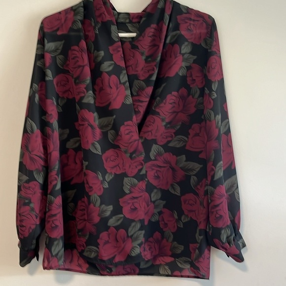 Vintage 70s 80s Rose Print Blouse Draped Neckline Romantic Goth Floral XL - Picture 4 of 6